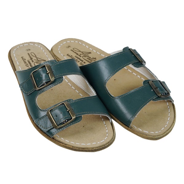 Frauen Double Strap &, Schnalle Barfuß Sandalen GLATT GRÜN Leder Handmade Zero Drop, Slipper