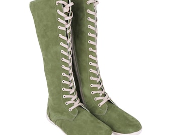 Handcrafted Green Nubuck Leather Barefoot Boots: Wide Toe, Zero Drop