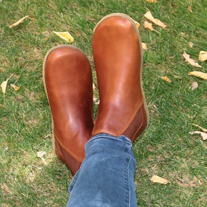 Women Handmade CHELSEA Boots Zero Drop, Barefoot BROWN Smooth Leather, Natural, Colorful, Leather Insole & Outsole image 6