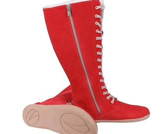 Handcrafted Red Nubuck Leather Knee Boots: Wide Toe, Zero Drop