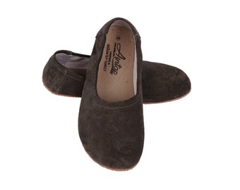 Flat Ballet Barefoot Zero Drop BLACK SUEDE Leather Ballerinas, Leather Handmade Shoes, Slip-On 5mm Rubber Outsole or Leather Outsole