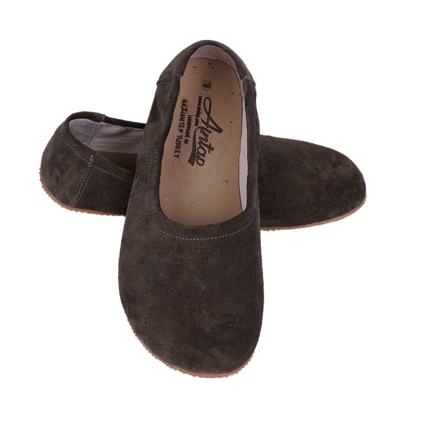 Flat Ballet Barefoot Zero Drop BLACK SUEDE Leather Ballerinas, Leather Handmade Shoes, Slip-On 5mm Rubber Outsole or Leather Outsole