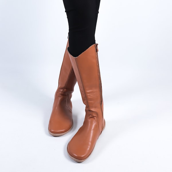 Women Flat KNEE Boots Barefoot Zero Drop TAN SMOOTH Leather Handmade Shoes, 6mm Soft Rubber Outsole