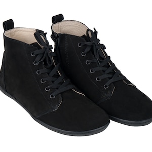 Dames handgemaakte KORTE laarzen met ritssluiting en veters Zero Drop, blootsvoets ZWART nubuckleer, natuurlijk, kleurrijk, leren binnenzool, 6 mm zacht rubber