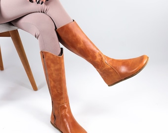 Women Flat KNEE Boots Barefoot Zero Drop HONEY-Camel CRAZY Leather Handmade Shoes, 5mm Leather Outsole