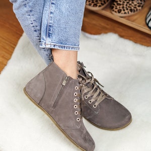 Women SHORT Zipper & Laces Boots Zero Drop, Barefoot GRAY Nubuck Leather, Natural, Colorful, Leather Insole, 6mm Leather Outsole