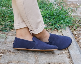 WOMEN Zero Drop Slip-On Barefoot NAVY BlUE NUBUCK Leather Handmade Shoes, Natural, Colorful, 5mm Rubber Outsole