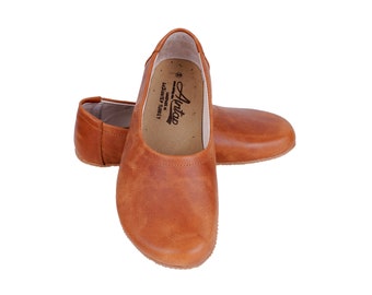 Flache Ballett Barfuß Zero Drop HONEY-CAMEL CRAZY Leder Ballerinas, Handgefertigte Lederschuhe, Slip-On 5mm Gummilaufsohle oder Lederlaufsohle