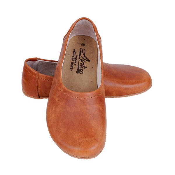 Flat Ballet Barefoot Zero Drop HONEY-CAMEL CRAZY Leather Ballerinas, Leather Handmade Shoes, Slip-On 5mm Rubber Outsole or Leather Outsole