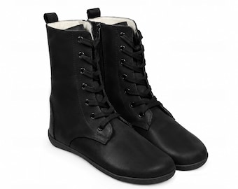 Women’s Barefoot Laces Boots BLACK SMOOTH Leather Shoes, Comfort: Handmade, Flexible Rubber Outsole