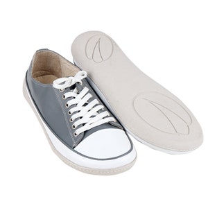May include: Gray and white canvas sneaker with white laces and a white toe cap. The shoe is next to a removable insole. The sneaker has a gray upper and a white sole. The insole is light gray.