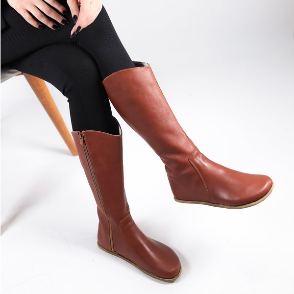 Women Flat KNEE Boots Barefoot Zero Drop BROWN SMOOTH Leather Handmade Shoes, 5mm Leather Outsole