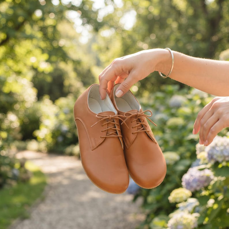 Women's Barefoot TAN SMOOTH Leather Oxford Shoes, Classic Comfort & Style: Handmade, Moccasins, 6mm Rubber Outsole image 11