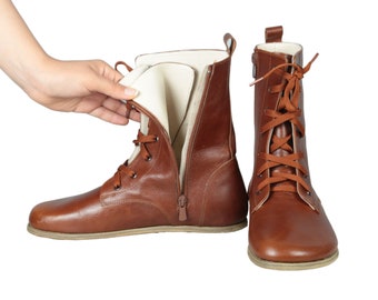 WOMEN Boots WIDE Zero Drop Barefoot BROWN Sooth Leather Handmade, Natural, Colorful, Leather Insole and Outsole