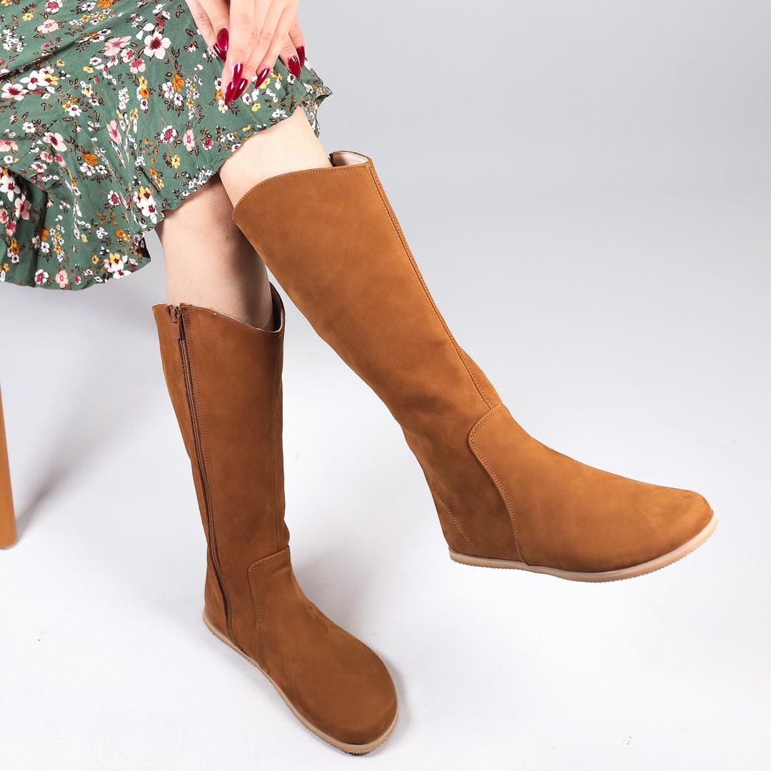 Ladies Boots Flat Brown Suede Knee High Boots Buy Handmade Tan