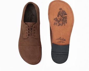 Men's Barefoot BROWN NUBUCK Leather Oxford Shoes, Classic Comfort & Style: Handmade, Moccasins