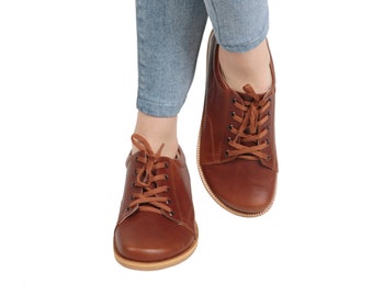 WOMEN Zero Drop SNEAKER Barefoot BROWN Smooth Leather Handmade Shoes, Natural, Colorful, Slip-On