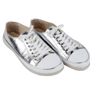 Women Wider Converse Style Shoe, Handmade, Zero Drop, Barefoot SILVER Bright Leather, Colorful, Leather Insole, 6mm Rubber Outsole