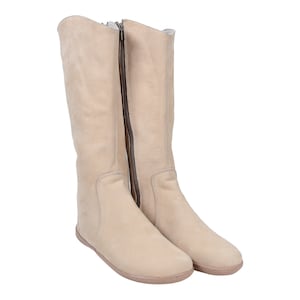 Platte knielaarzen dames blote voeten Zero Drop handgemaakte schoenen van CRME NUBUCKleer, zachte rubberen buitenzool van 6 mm