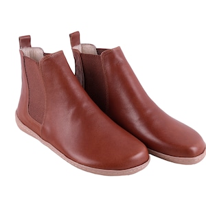 Dames handgemaakte CHELSEA laarzen Zero Drop, blote voeten BRUIN GLAD leer, natuurlijk, kleurrijk, lederen binnenzool & 5 mm zacht rubber
