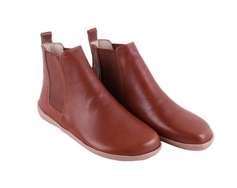 Women Handmade CHELSEA Boots Zero Drop, Barefoot BROWN SMOOTH Leather, Natural, Colorful, Leather Insole & 5mm Soft Rubber