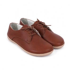 WOMEN Barefoot BROWN SMOOTH Leather Oxford Shoes, Handmade, Moccasins, Soft and Flexible Rubber Outsole