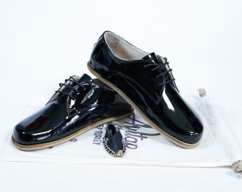 MEN Barefoot OXFORD Shoes for  Businessman BLACK Patent Leather Handmade Zero Drop, Dress Formal Oxfords Lace Up