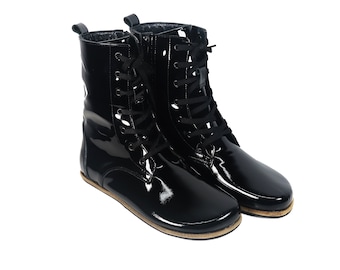 WOMEN Boots Wide Zero Drop Barefoot BLACK Patent Leather Handmade, Natural, Colorful, Leather Insole and Outsole