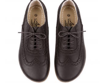 Women's Barefoot Oxford Shoes: Handmade DARK BROWN SMOOTH Leather