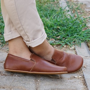 MEN Zero Drop SLiP On Barefoot BROWN SMOOTH Leather Handmade Shoes, Natural, Colorful, Slip-On 5mm RuBBER OuTSOLE