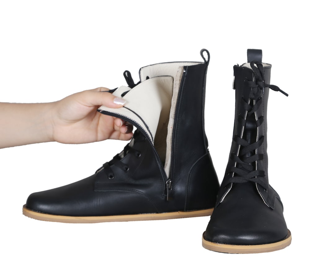 WOMEN Boots WIDE Zero Drop Barefoot BLACK Sooth Leather Handmade