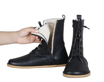 Wide Toe Box Barefoot Boots: Handmade Black Leather Zero Drop