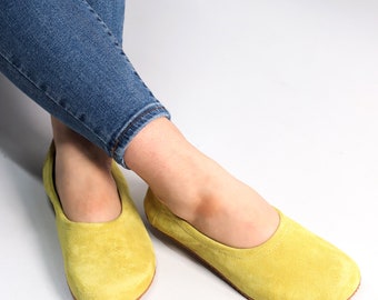 Flat Ballet Barefoot Zero Drop YELLOW SUEDE Leather Ballerinas, Leather Handmade Shoes, Slip-On 5mm Rubber Outsole or Leather Outsole