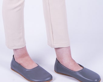 Flat Ballet Barefoot Zero Drop GRAY SMOOTH Leather Ballerinas, Leather Handmade Shoes, Slip-On 5mm Rubber Outsole