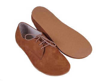 MEN Zero Drop Oxford Barefoot TAN NUBUCK Leather Handmade Shoes, Natural, Colorful, Slip-On 5mm RuBBER OuTSOLE