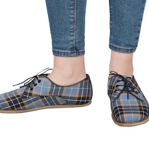 WOMEN Barefoot OXFORD Tartan Plaid Fabric & Leather Handmade Classic Yemeni Shoes, Natural, Colorful, Slip-On
