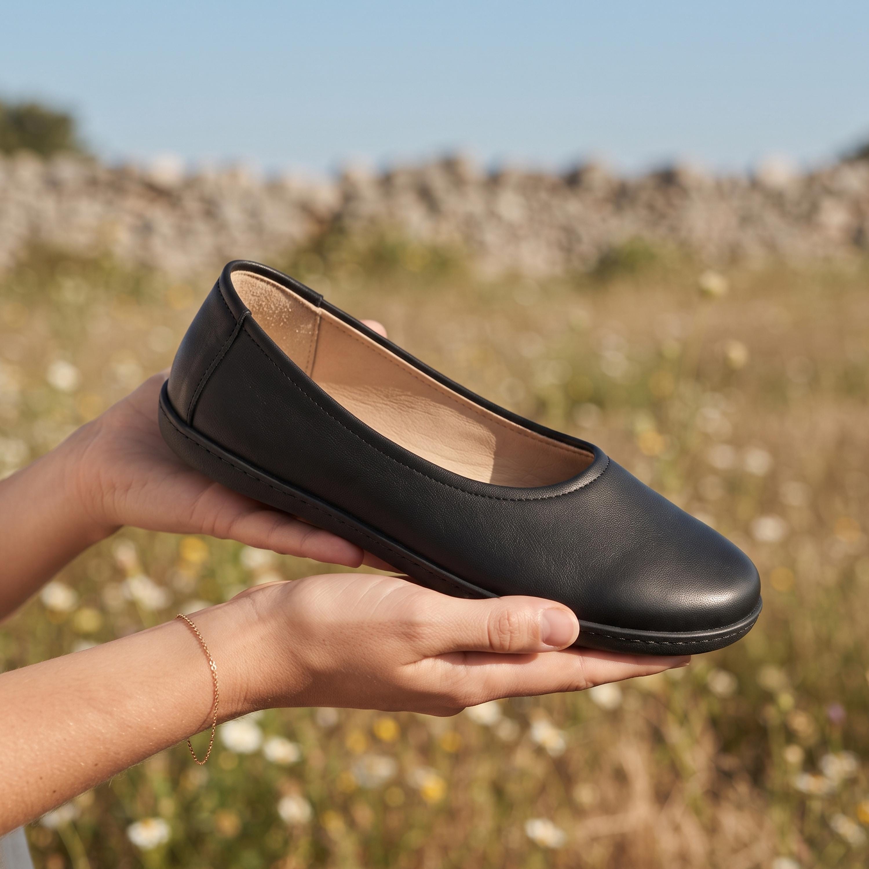 Women ASPHALT BLACK CRAZY Leather Barefoot Ballerinas: Handmade