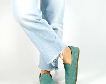 WOMEN Barefoot SEA Blue Suede Leather Handmade CLASSIC Yemeni Shoes, Natural, Colorful, Slip-On