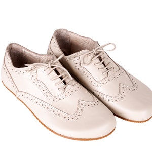 Women Barefoot OXFORD, Moccasin Shoes Businesswoman CrEAM Leather Handmade Zero Drop, Dress Formal Oxfords Lace Up RUBBER OUTSOLE