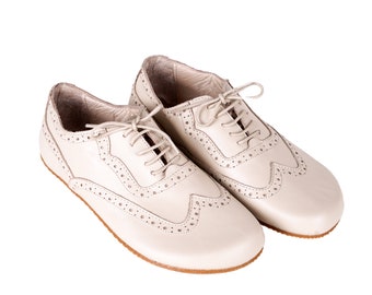 Women Barefoot OXFORD, Moccasin Shoes Businesswoman CrEAM Leather Handmade Zero Drop, Dress Formal Oxfords Lace Up RUBBER OUTSOLE