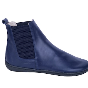 Dames handgemaakte CHELSEA laarzen Zero Drop, Barefoot NAVY Blue GLAD leer, natuurlijk, kleurrijk, leren binnenzool & 5 mm zacht rubber