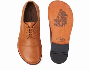 Men's Barefoot TAN SMOOTH Leather Oxford Shoes, Classic Comfort & Style: Handmade, Moccasins