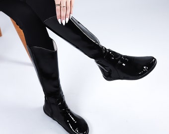 Bottes plates pour femmes, pieds nus, zéro chute, chaussures faites main en cuir noir verni, semelle extérieure en caoutchouc souple de 6 mm
