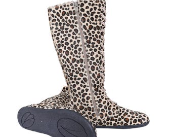 Handmade Leopard Print Calf Hair Knee High Boots: Barefoot Leather Insole