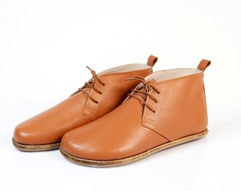 Handmade Tan Leather Barefoot Booties: Zero Drop Ankle Boots