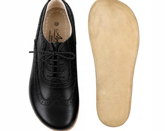 Handmade SMOOTH BLACK Leather Oxford Barefoot Shoes: Zero Drop Moccasins
