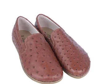 Women's Brown Ostrich Leather Barefoot Slip-On Shoes