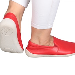 Red Leather Slip-On Shoes: Handmade Flexible Barefoot Grounding Shoes