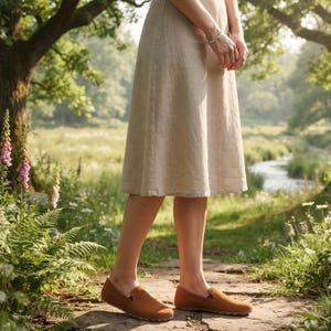 May include: A beige midi-length skirt made of a woven fabric with a simple, straight-cut silhouette, paired with a pair of solid brown slip-on shoes featuring a rounded toe and a flat, flexible sole, worn in a natural outdoor setting.