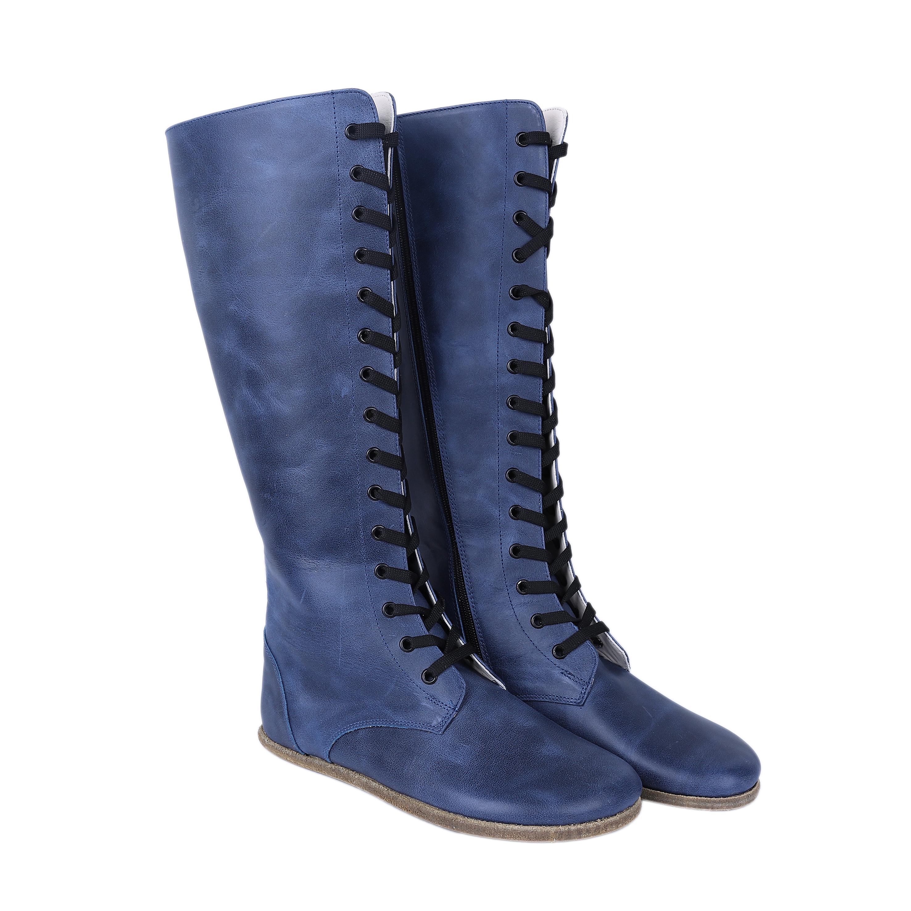 Handmade Navy Blue Leather Knee High Boots: Barefoot Zero Drop - Etsy
